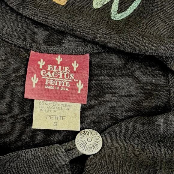 Blue Cactus Vintage 100% Linen Short Sleeve Hand Paint Shift Dress Size PS Black - Picture 14 of 15